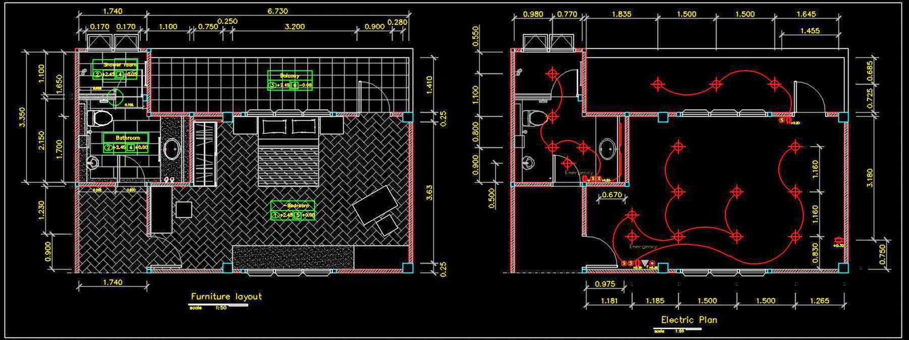 Hotel Guest Room Design CAD Layout with Furniture & Electrical